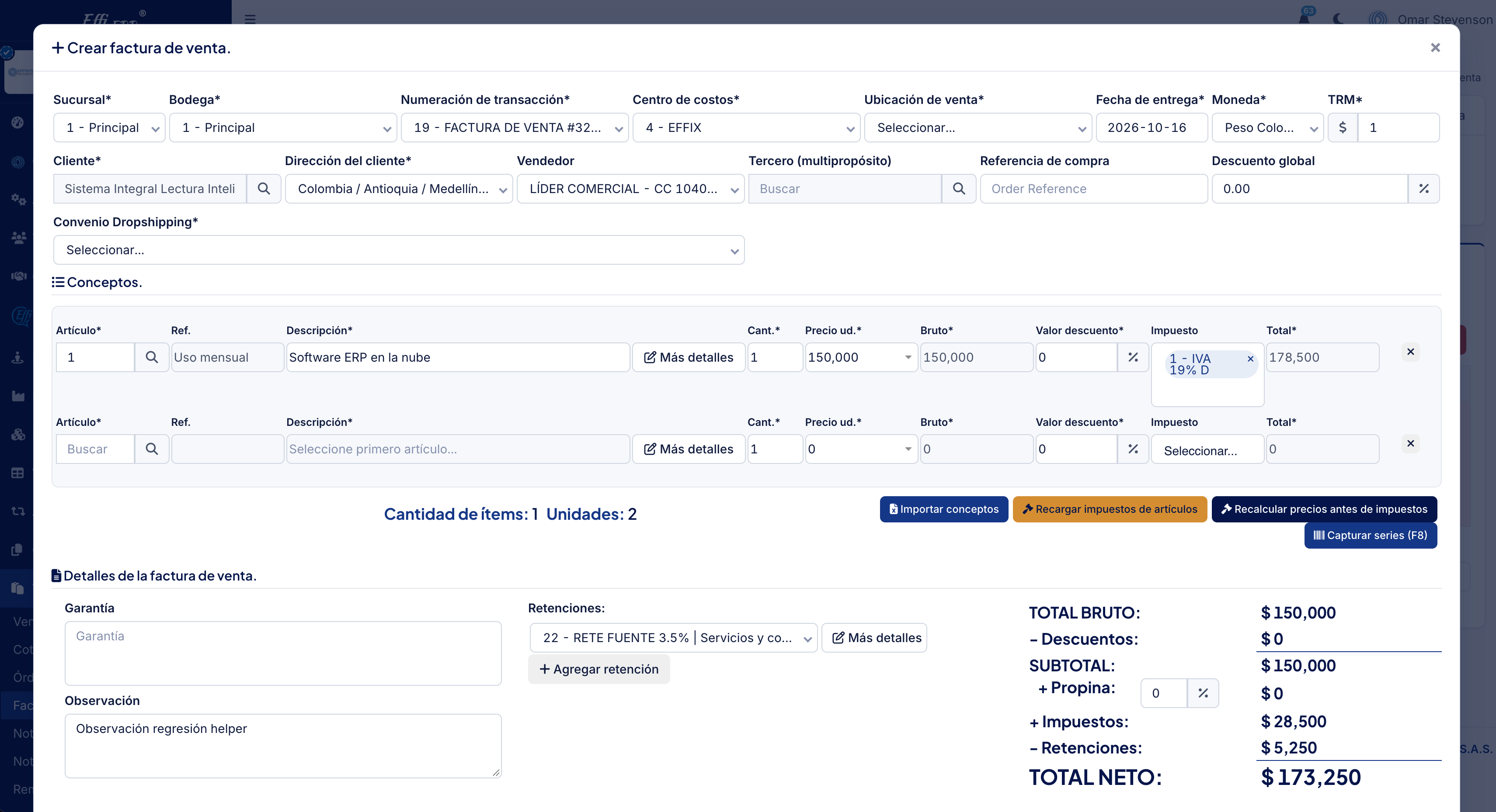 Pantalla Crear factura de venta en Effi ERP: conceptos, impuestos, retenciones y totales