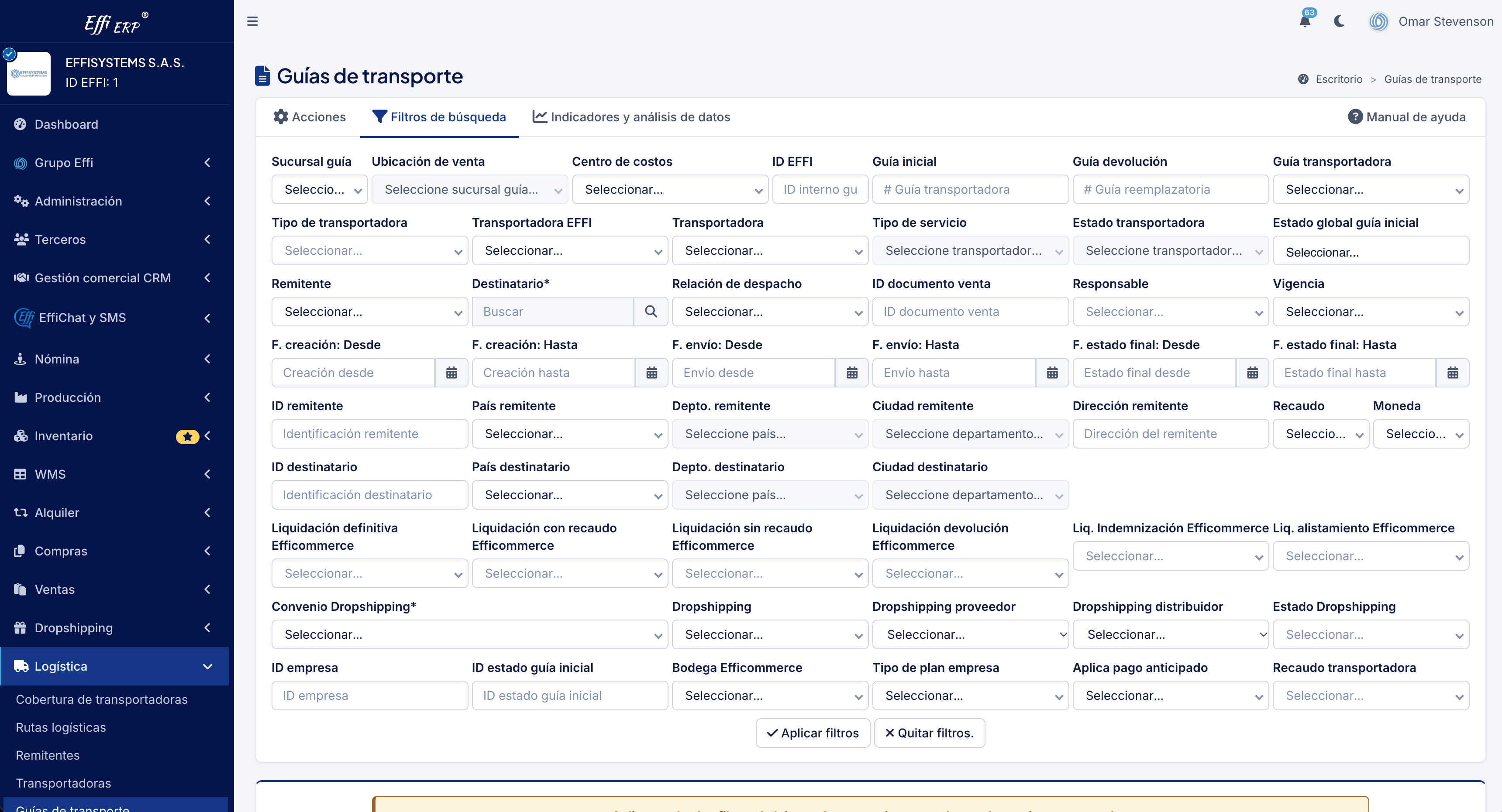 Guías de transporte en Effi ERP: filtros por transportadora, dropshipping y Efficommerce